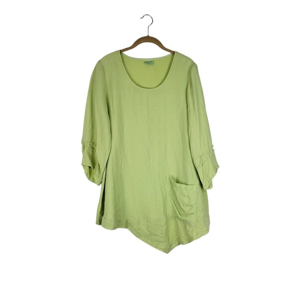 Et Lois Asymmetrical Crinkle Tunic Top 3/4 Sleeve Green Artsy Lagenlook Size M